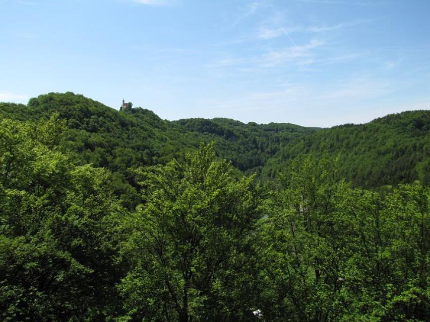Blick über die bewaldeten Berge oberhalb des Wiesenttals. Auf einem der Bergrücken thront die Burg Gößweinstein.
                 title=