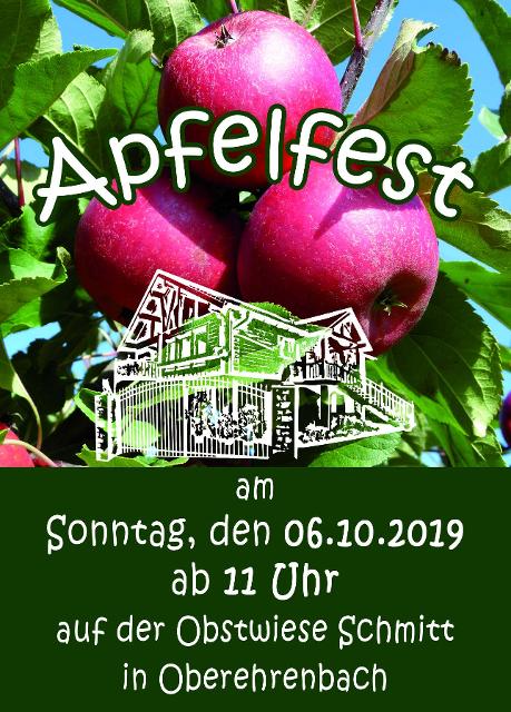 Auf der Obstwiese der Familie Schmitt findet am 6. Oktober 2019 in Oberehrenbach das Apfelfest statt. Ab 11 Uhr präsentieren regionale Anbieter und verschiedene Kunsthandwerker ihre Produkte.