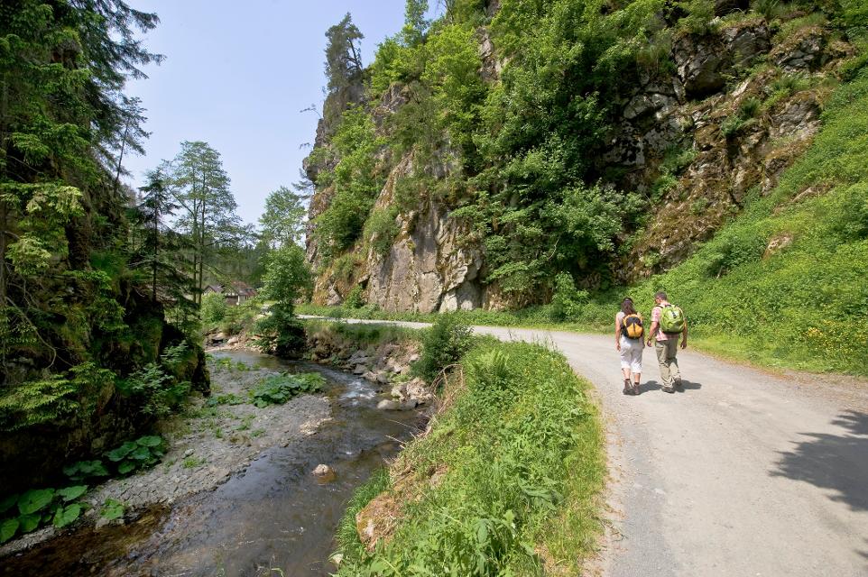 Das Bild zeigt im linken Bereich einen Fluß. Auf der rechten Seite einen Weg. Zwei Personen gehen diesen entlang. Links und rechts wird der Fluß durch Felswände eingerahmt. Es ist Sommer.