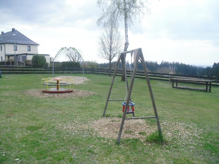 Das Bild zeigt eine Nestschaukel, Karussell, Balancierbalken am Spielplatz in Presseck.