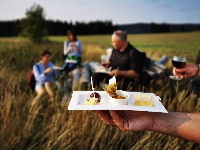 Das Bild zeigt eine Hand, die eine kleine rechteckige weiße Porzellanplatte mit Fingerfood hält. Im Hintergrund sind Personen bei einem Picknick auf einer Wiese zu sehen.