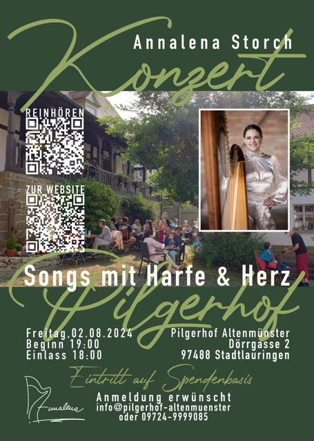 Himmlische Harfenklänge und berührende Songtexte erwarten Sie am Freitag, 02.08.24 beieinem sommerlichen Innenhofkonzert im Pilgerhof Altenmünster.