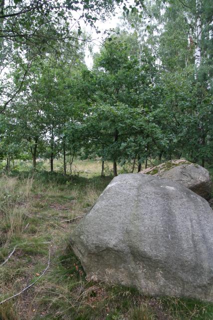 Auf dem Foto sin 2 große Steine, die zu einer Grabanlage gehören zu sehen. Sie stehen auf eineer freien Rasenfläche