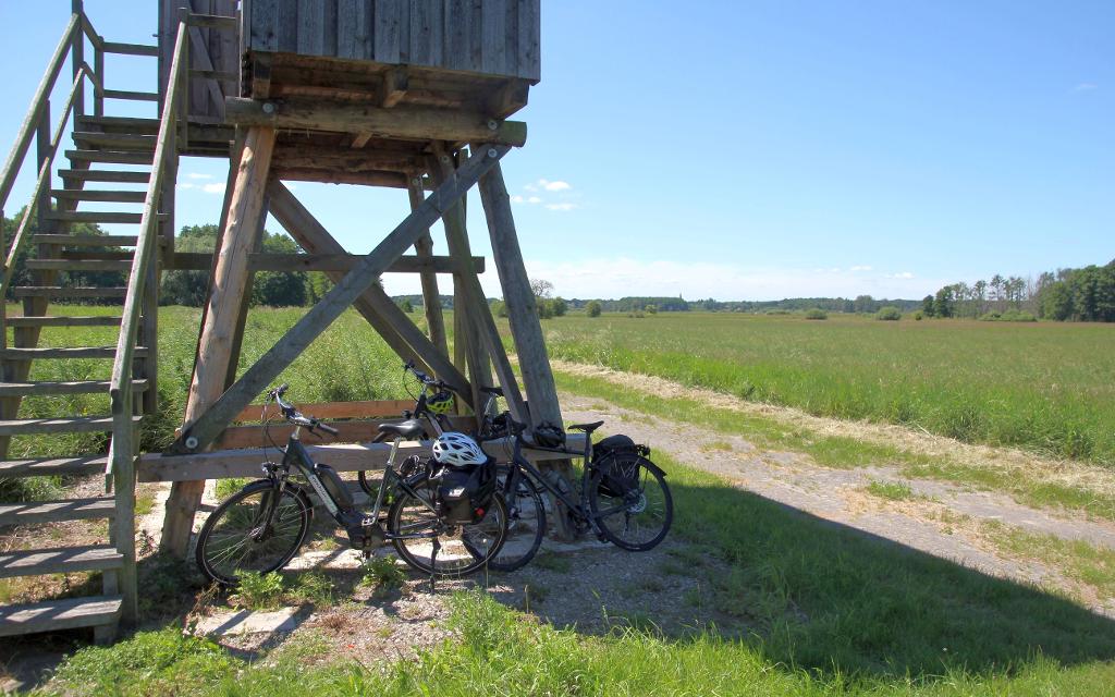 Mehrere Fahrräder lehnen am Fuße des hölzernen Aussichtsturms an den Bodenteicher Seewiesen. Zwischen Turm uns Seewiesen verläuft ein unbefestigter Feldweg.