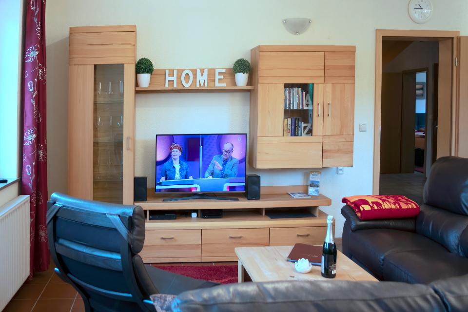 Wohnzimmer mit TV in der Ferienwohnung Drögemüller