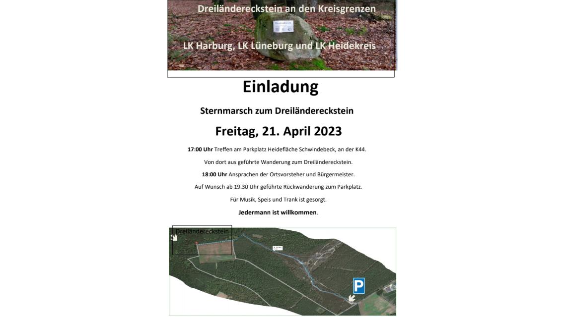  Sternmarsch aus den Landkreisen Heidekreis, Harburg und LüneburgJedermann ist willkommen!17:00 Uhr: Treffen am Parkplatz Heidefläche Schwindebeck an der K44 (Soderstorf).