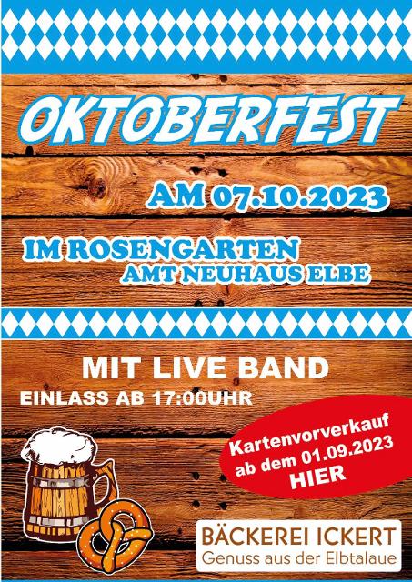 Oktoberfest mit Live Band im Rosengarten. Vorverkauf startet ab 1. September in einigen Filialen der B&auml;ckerei ICKERT