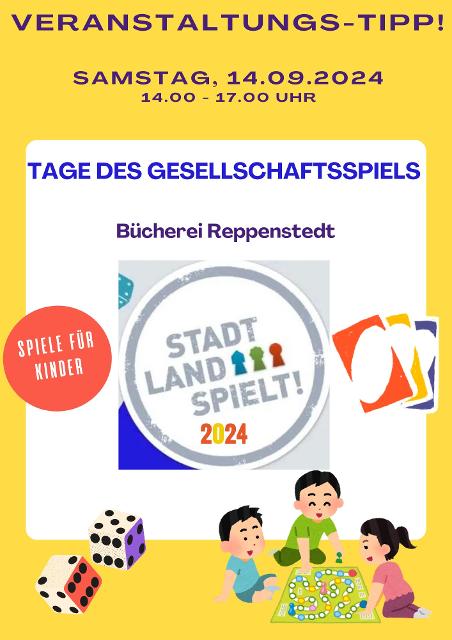 Am Samstag, 14.09.2024 von 14:00 bis 17:00 Uhr werden in der Bücherei Reppenstedt Gesellschaftsspiele für Kinder gespielt.