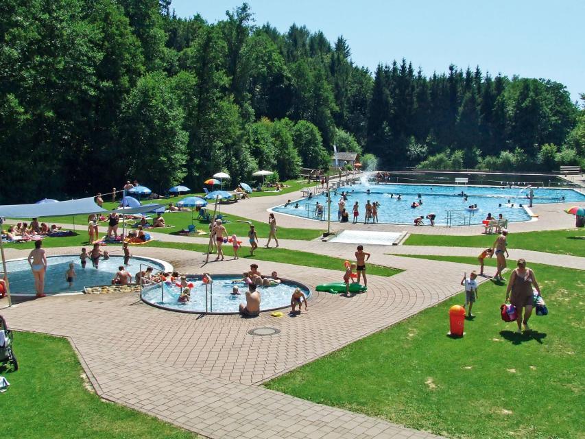 Das Gelände des Waldschwimmbades in Schwarzach mit dem Naturschwimmbecken im Hintergrund. Kinderbecken, Liegewiese, Spielplatz und vieles mehr erfreuen hier die Badegäste.