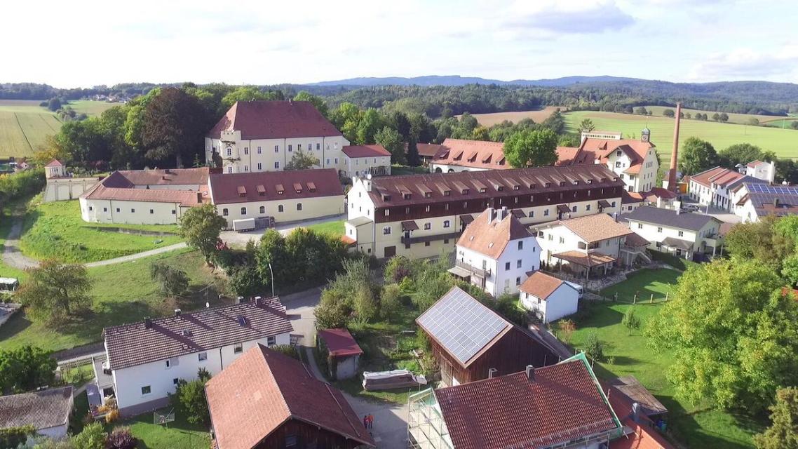 Schloss Steinach mit Stallungen und Wirtshaus, umgeben von Wald und Wiesen.