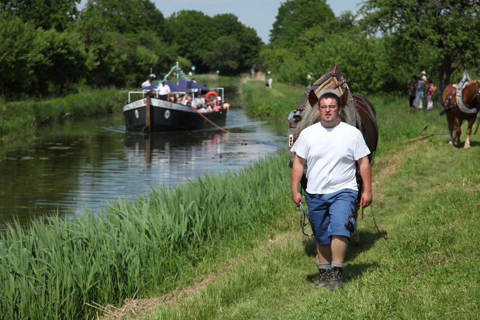 Treidelschiff Elfriede auf dem idyllischen alten Kanal. Im Vordergrund junger Mann, der das Zugpferd führt.