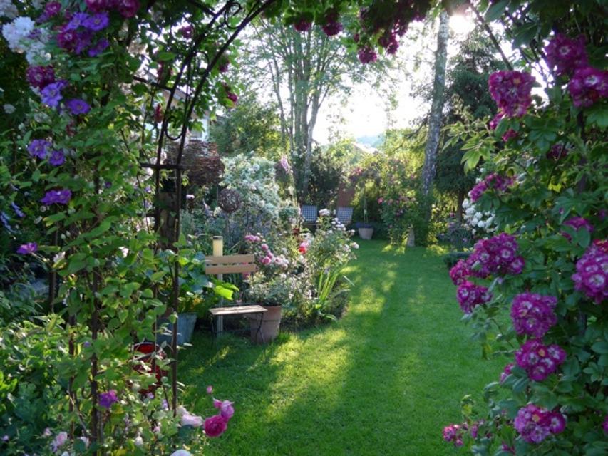 Stilvoll gestalteter Garten mit Rosenbogen