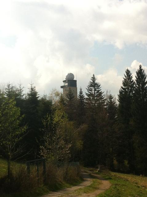 Der Betrachter befindet sich auf einem Forstweg der in einen Wald in Hanglage auf den Hohen Peißenberg führt. Von unten sieht man den Turm mit Radarkuppel der Bergwetterstation.