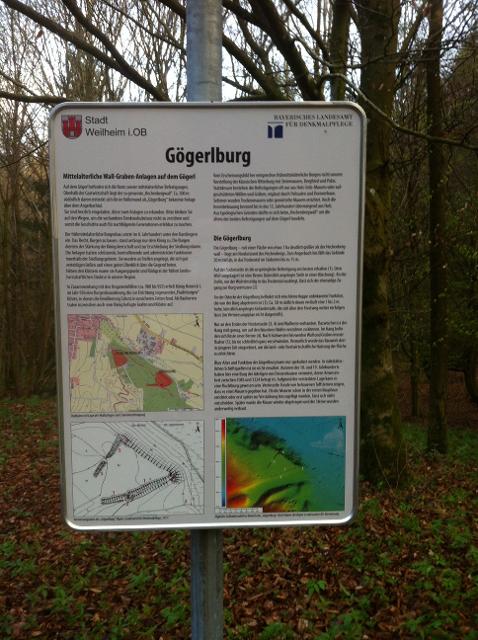 Der Betrachter blickt im Wald auf eine aufgestellte Tafel die Infos zur Gögerlburg gibt.
