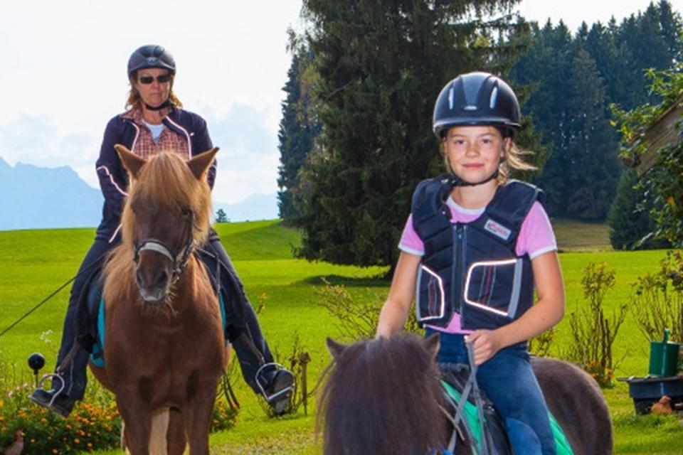 Der Betrachter sieht zwei Ponys mit Reitern inmitten der schönen Landschaft mit Alpenpanorama.