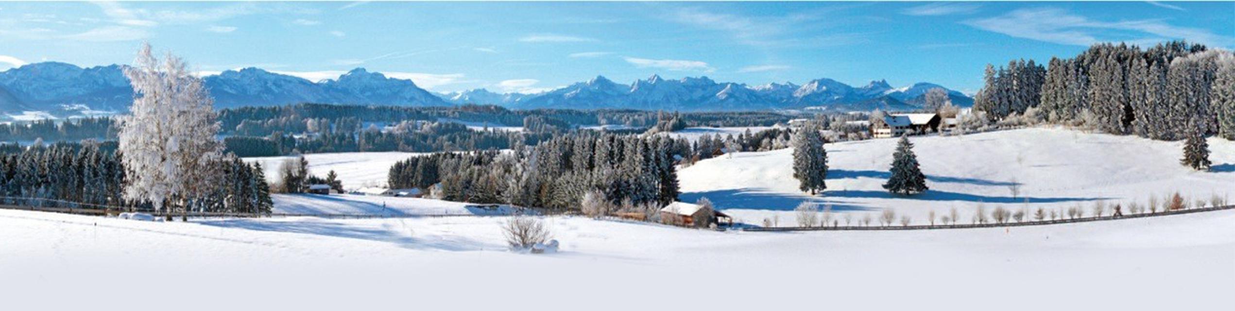 Der Betrachter blickt auf den Golfplatz im Winter und die Alpenkette am Horizont.