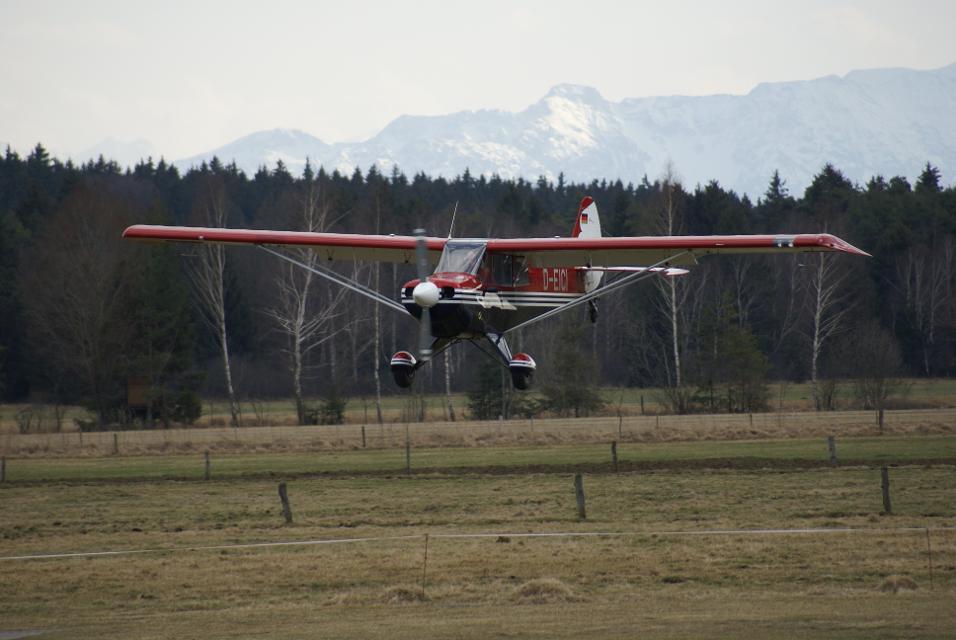 Ein einmotoriger Hochdecker setzt zum Landeanflug an und befindet sich nur noch wenige Meter über dem Boden. Im Hintergrund sieht der Betrachter Wald und die Alpenkette.