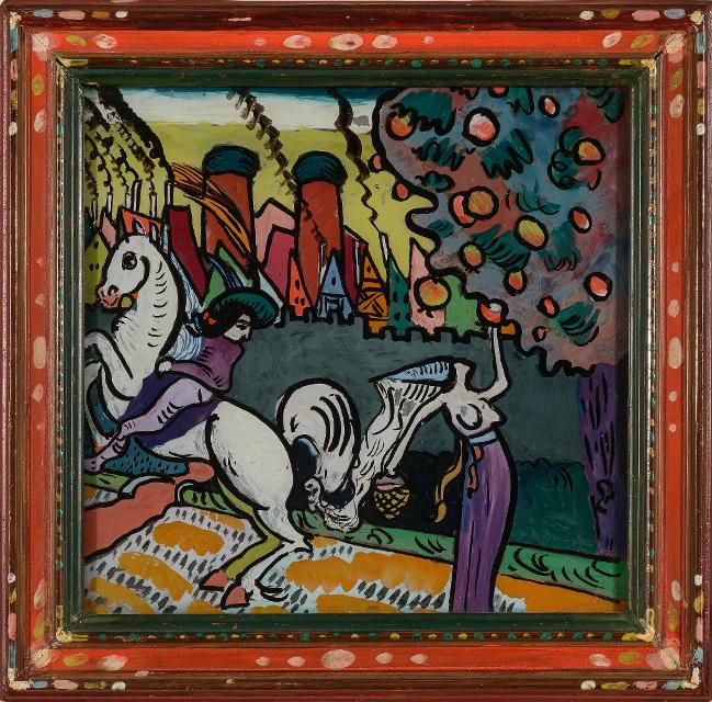 Der Betrachter blickt auf das Gemälde von Wassilly Kandinsky mit dem Titel Mythologische Szene Reiter und Apfel
