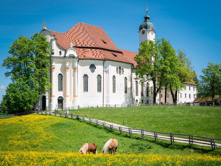 Die Wieskirche bei Steingaden ist eine der berühmtesten Rokokokirchen der Welt.Seit 1983 ist die Wieskirche UNESCO-Welterbestätte.Die Mitte dieses Gotteshauses ist die Figur des leidenden Christus, des Gegeißelten Heilandes.