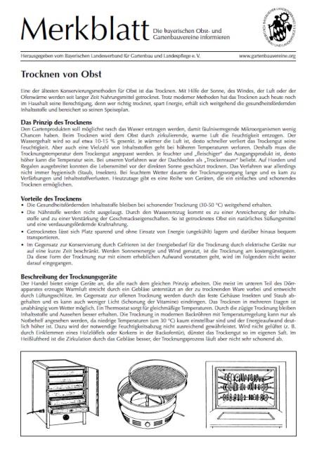 Prinzip und Vorteile des Trocknens; Beschreibung von Trockengeräten; Hinweise zu geeigneten Obstarten und Tipps für die Durchführung. 