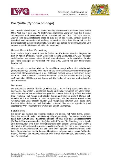 Infoschrift der Bayerischen Gartenakademie über die Quitte (Cydonia oblonga) mit zahlreichen wertvollen Hinweisen für den erfolgreichen Anbau. 